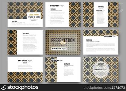 Set of 9 templates for presentation slides. Islamic gold pattern with overlapping geometric square shapes forming abstract ornament. Vector stylish golden texture on black background. Set of 9 vector templates for presentation slides. Islamic gold pattern with overlapping geometric square shapes forming abstract ornament. Vector stylish golden texture on black background.