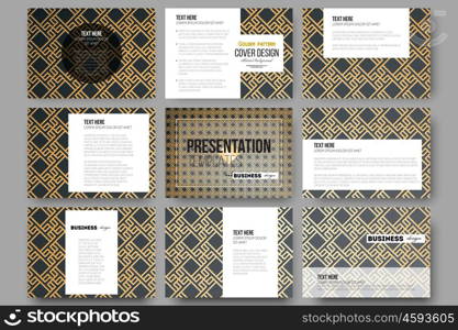 Set of 9 templates for presentation slides. Islamic gold pattern with overlapping geometric square shapes forming abstract ornament. Vector stylish golden texture on black background. Set of 9 vector templates for presentation slides. Islamic gold pattern with overlapping geometric square shapes forming abstract ornament. Vector stylish golden texture on black background.