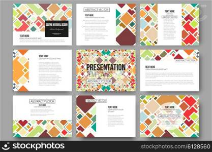 Set of 9 templates for presentation slides. Material Design. Colored vector background. Set of 9 vector templates for presentation slides. Material Design. Colored vector background.
