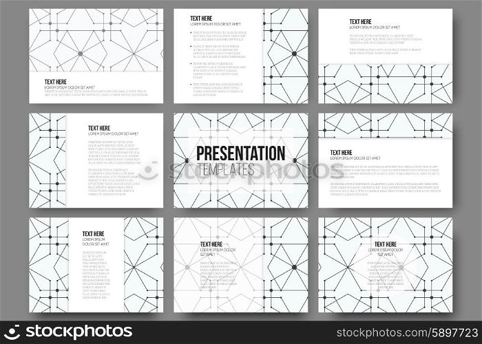 Set of 9 templates for presentation slides. Modern stylish geometric backgrounds with hexagons and nodes. Simple abstract monochrome vector texture. Set of 9 templates for presentation slides. Modern stylish geometric backgrounds with hexagons and nodes. Simple abstract monochrome vector texture.