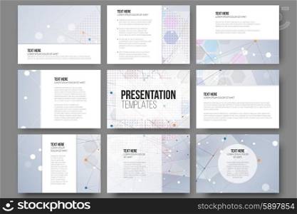 Set of 9 templates for presentation slides. Molecule structure, blue backgrounds, scientific or medical vector backdrops.