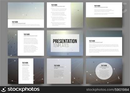 Set of 9 templates for presentation slides. Molecule structure, gray science backgrounds for communication, vector illustration