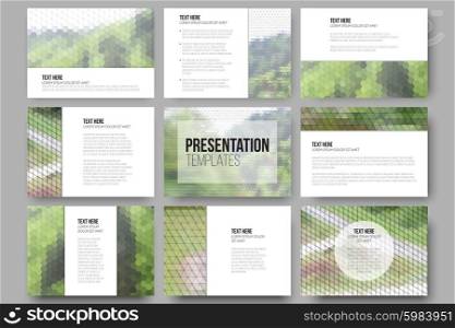 Set of 9 templates for presentation slides. Nature landscape. Abstract multicolored backgrounds. Natural geometrical patterns. Triangular and hexagonal style vector illustration. Set of 9 templates for presentation slides. Nature landscape. Abstract multicolored backgrounds. Natural geometrical patterns. Triangular and hexagonal style vector illustration.