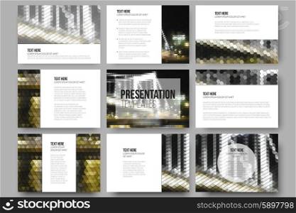 Set of 9 templates for presentation slides. Night city landscape. Abstract multicolored backgrounds. Natural geometrical patterns. Triangular and hexagonal style vector illustration. Set of 9 templates for presentation slides. Night city landscape. Abstract multicolored backgrounds. Natural geometrical patterns. Triangular and hexagonal style vector illustration.