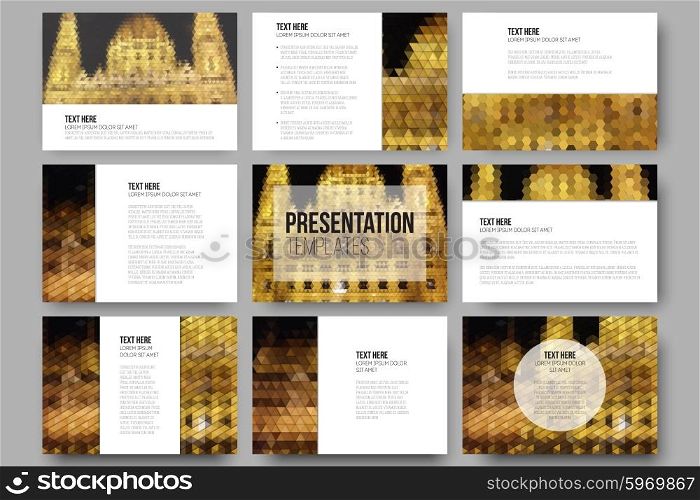 Set of 9 templates for presentation slides. Night lights in the city. Abstract multicolored backgrounds. Natural geometrical patterns. Triangular and hexagonal style vector illustration. Set of 9 templates for presentation slides. Night lights in the city. Collection of abstract multicolored backgrounds. Natural geometrical patterns. Triangular and hexagonal style vector illustration.