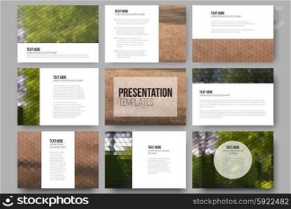 Set of 9 templates for presentation slides. Park landscape. Abstract multicolored backgrounds. Natural geometrical patterns. Triangular and hexagonal style. Set of 9 templates for presentation slides. Park landscape. Abstract multicolored backgrounds. Natural geometrical patterns. Triangular and hexagonal style.