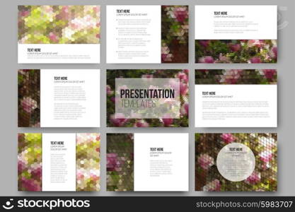 Set of 9 templates for presentation slides. Purple flowers. Abstract multicolored backgrounds. Natural geometrical patterns. Triangular and hexagonal style. Set of 9 templates for presentation slides. Purple flowers. Abstract multicolored backgrounds. Natural geometrical patterns. Triangular and hexagonal style.