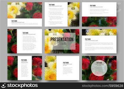 Set of 9 templates for presentation slides. Roses and daffodils. Abstract multicolored backgrounds. Natural geometrical patterns. Triangular, hexagonal style.