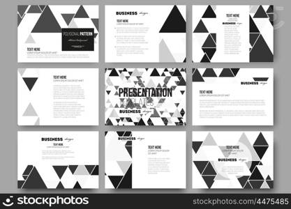 Set of 9 templates for presentation slides. Triangular vector pattern. Abstract black triangles on white background. Set of 9 vector templates for presentation slides. Triangular vector pattern. Abstract black triangles on white background.