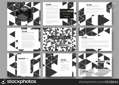 Set of 9 templates for presentation slides. Triangular vector pattern. Abstract black triangles on white background. Set of 9 vector templates for presentation slides. Triangular vector pattern. Abstract black triangles on white background.