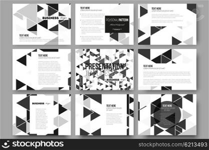 Set of 9 templates for presentation slides. Triangular vector pattern. Abstract black triangles on white background. Set of 9 vector templates for presentation slides. Triangular vector pattern. Abstract black triangles on white background.