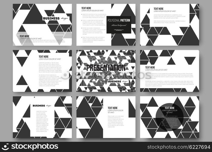 Set of 9 templates for presentation slides. Triangular vector pattern. Abstract black triangles on white background. Set of 9 vector templates for presentation slides. Triangular vector pattern. Abstract black triangles on white background.