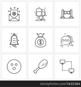 Set of 9 UI Icons and symbols for bag, ringing bell, entertainment, ringing, bell Vector Illustration