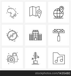 Set of 9 UI Icons and symbols for building, graph, maps, user interface, hotel Vector Illustration