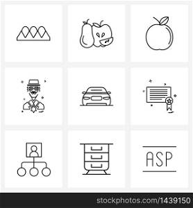 Set of 9 UI Icons and symbols for certificate, vehicle, apple, car, pray Vector Illustration