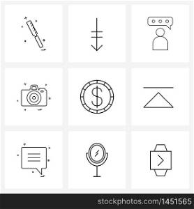 Set of 9 UI Icons and symbols for coin, image, judge, photo, camera Vector Illustration