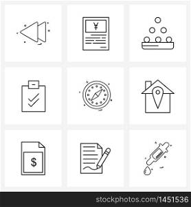 Set of 9 UI Icons and symbols for compass, check, day, note, clipboard Vector Illustration