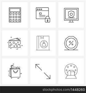 Set of 9 UI Icons and symbols for contact, address, screen, cheese, food Vector Illustration