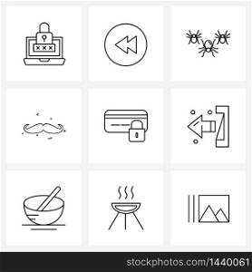 Set of 9 UI Icons and symbols for exit, protected, insects, credit card protection, mustache Vector Illustration