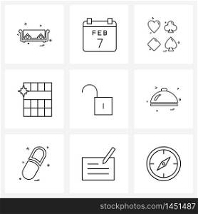 Set of 9 UI Icons and symbols for lock, row, games, new, card Vector Illustration