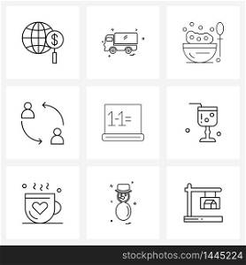 Set of 9 UI Icons and symbols for mathematics, team, transport, people, spoon Vector Illustration
