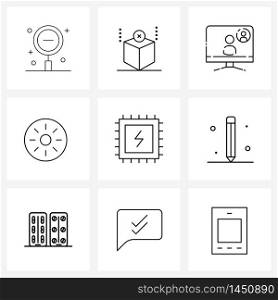Set of 9 UI Icons and symbols for pen, processor power, call, processor, tire Vector Illustration
