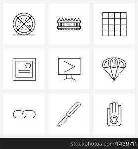 Set of 9 UI Icons and symbols for play, monitor, geometry, update, notification Vector Illustration