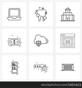 Set of 9 UI Icons and symbols for protection, cloud, building, dollar, money Vector Illustration