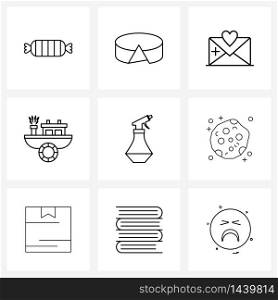 Set of 9 UI Icons and symbols for shower, water shower, heart, seo, boat Vector Illustration