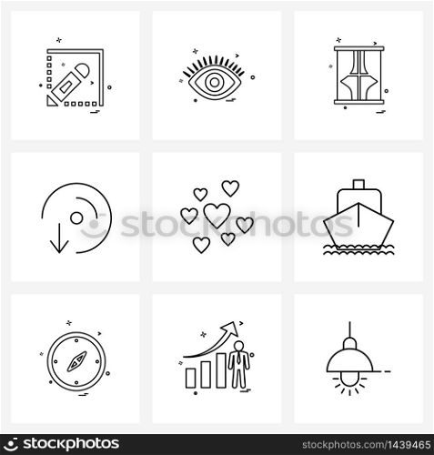 Set of 9 UI Icons and symbols for valentine, hearts, window, download, disc Vector Illustration