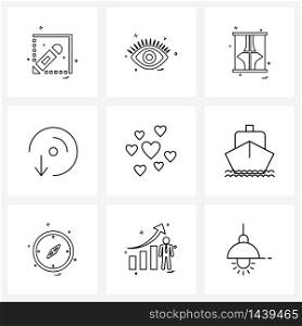 Set of 9 UI Icons and symbols for valentine, hearts, window, download, disc Vector Illustration