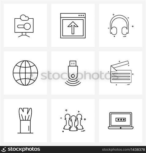 Set of 9 Universal Line Icons of bluetooth, internet, media, globe, Vector Illustration