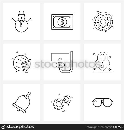 Set of 9 Universal Line Icons of deep, graph, investment, pie chart, setting Vector Illustration