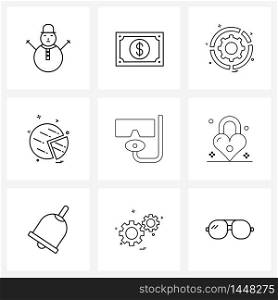 Set of 9 Universal Line Icons of deep, graph, investment, pie chart, setting Vector Illustration
