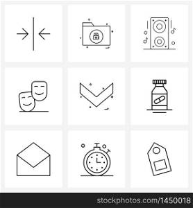 Set of 9 Universal Line Icons of down, direction, music, arrow, mask Vector Illustration