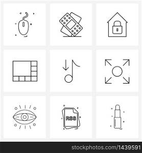 Set of 9 Universal Line Icons of expand, musical note, locked house, music, merge Vector Illustration