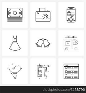 Set of 9 Universal Line Icons of festival, bell, gear, jingle bell, garments Vector Illustration