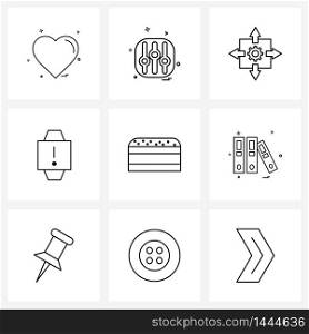 Set of 9 Universal Line Icons of junk food, watch, gear, time, alert Vector Illustration