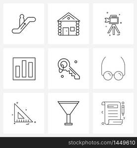 Set of 9 Universal Line Icons of law, key, camera, burglary, graph Vector Illustration