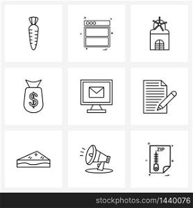 Set of 9 Universal Line Icons of mail, screen, house, computer, currency Vector Illustration