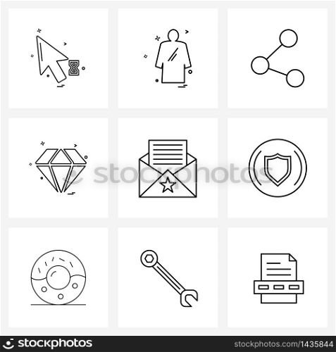 Set of 9 Universal Line Icons of message, diamond, ghost, jewel, media Vector Illustration