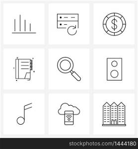 Set of 9 Universal Line Icons of search, magnifying, coin, studies, text Vector Illustration