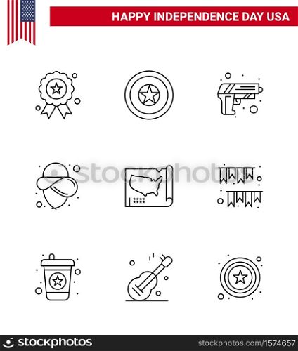Set of 9 USA Day Icons American Symbols Independence Day Signs for buntings; american day; usa; usa; states Editable USA Day Vector Design Elements