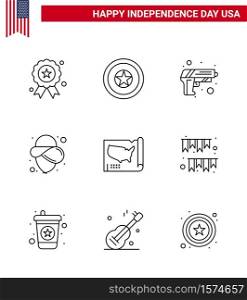 Set of 9 USA Day Icons American Symbols Independence Day Signs for buntings; american day; usa; usa; states Editable USA Day Vector Design Elements