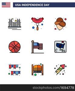 Set of 9 USA Day Icons American Symbols Independence Day Signs for flag; usa; sausage; sports; backetball Editable USA Day Vector Design Elements