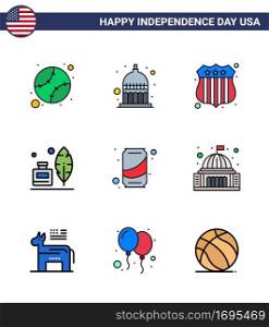 Set of 9 USA Day Icons American Symbols Independence Day Signs for soda  beer  badge  american  feather Editable USA Day Vector Design Elements