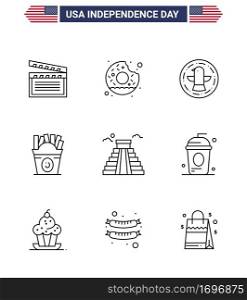 Set of 9 USA Day Icons American Symbols Independence Day Signs for landmark  usa  american  food  frise Editable USA Day Vector Design Elements