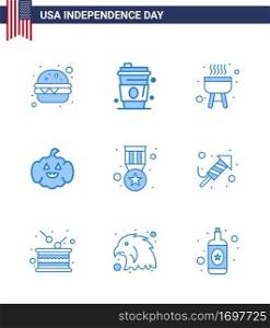Set of 9 USA Day Icons American Symbols Independence Day Signs for fire work  medal  bbq  badge  usa Editable USA Day Vector Design Elements