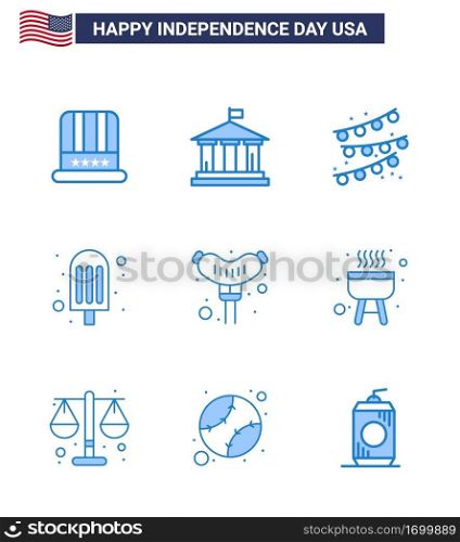 Set of 9 USA Day Icons American Symbols Independence Day Signs for barbecue; frankfurter; buntings; food; food Editable USA Day Vector Design Elements
