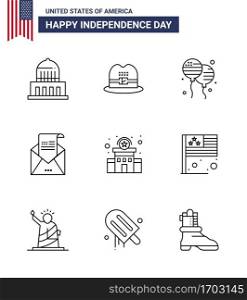 Set of 9 USA Day Icons American Symbols Independence Day Signs for police  mail  bloons  invitation  envelope Editable USA Day Vector Design Elements